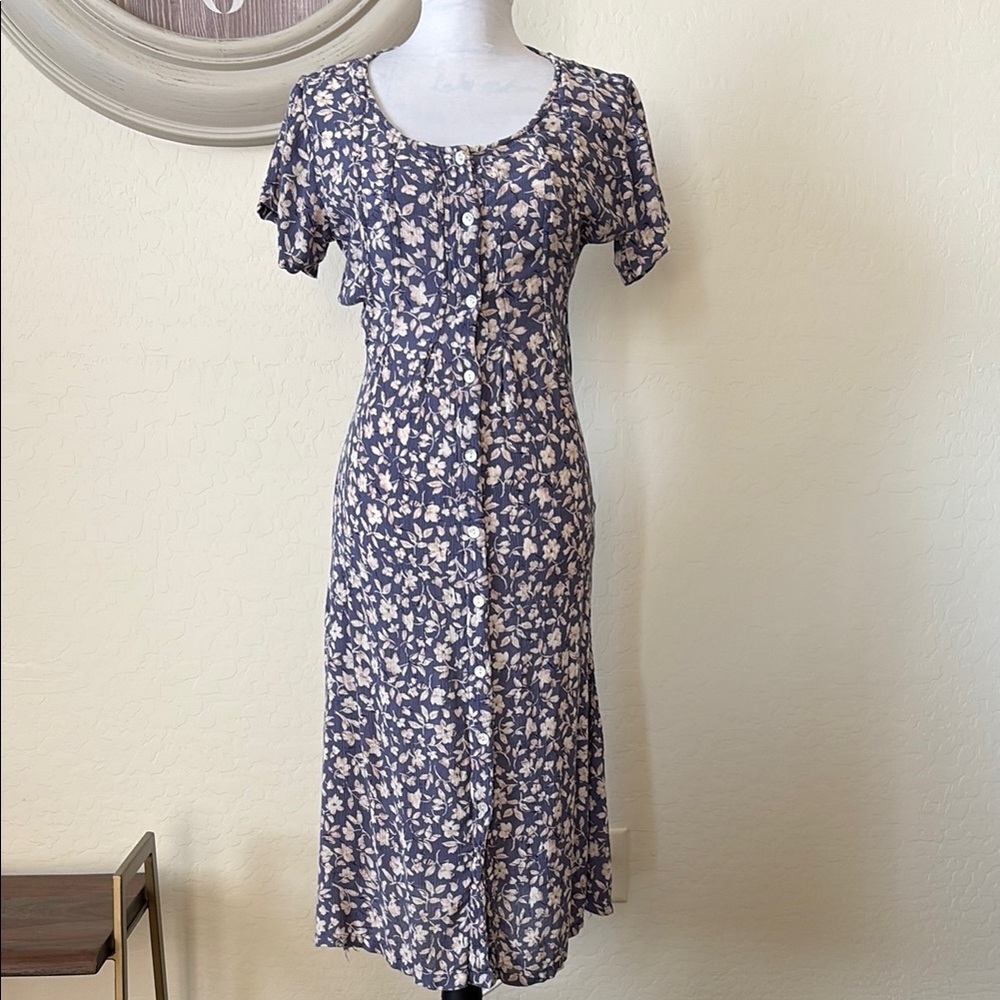 LA SERA rayon Blue and White Flutter Sleeve Sheath Midi Dress. XS